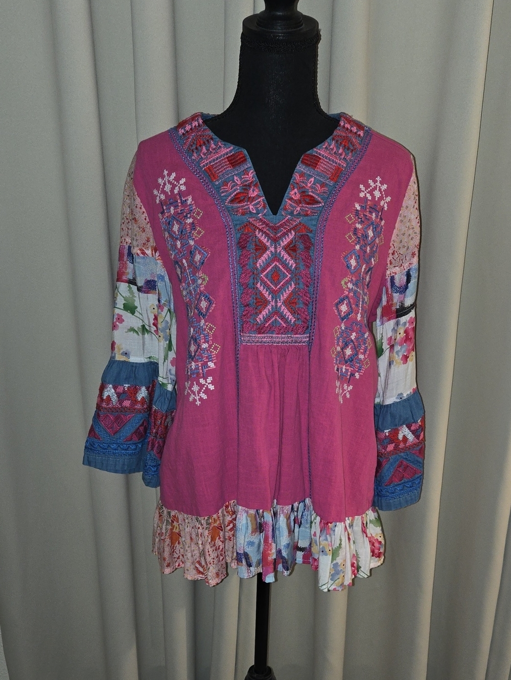 Boho Embroidered Pink Peasant Top